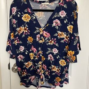 Navy Floral Button-Up Blouse